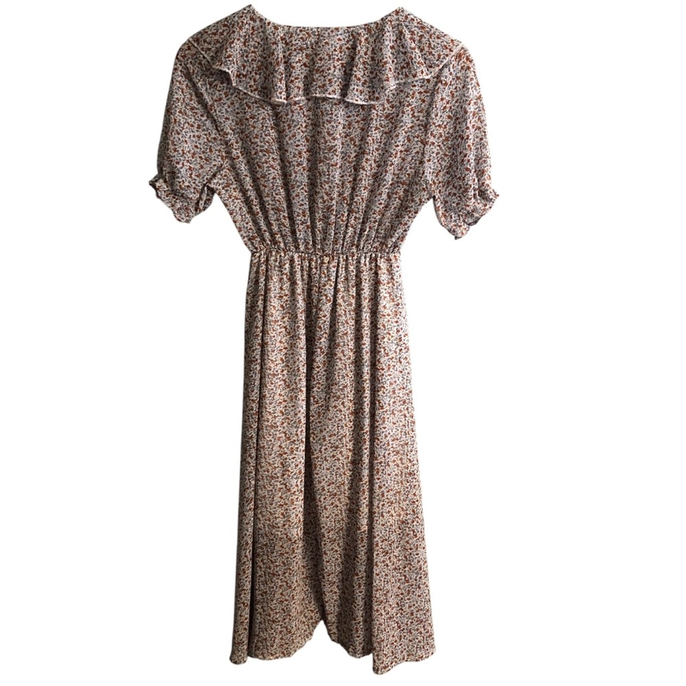 Cottagecore Ditsy Floral Midi Dress Ruffled Neckline Empire Waist Sheer Pullover - Picture 6 of 11